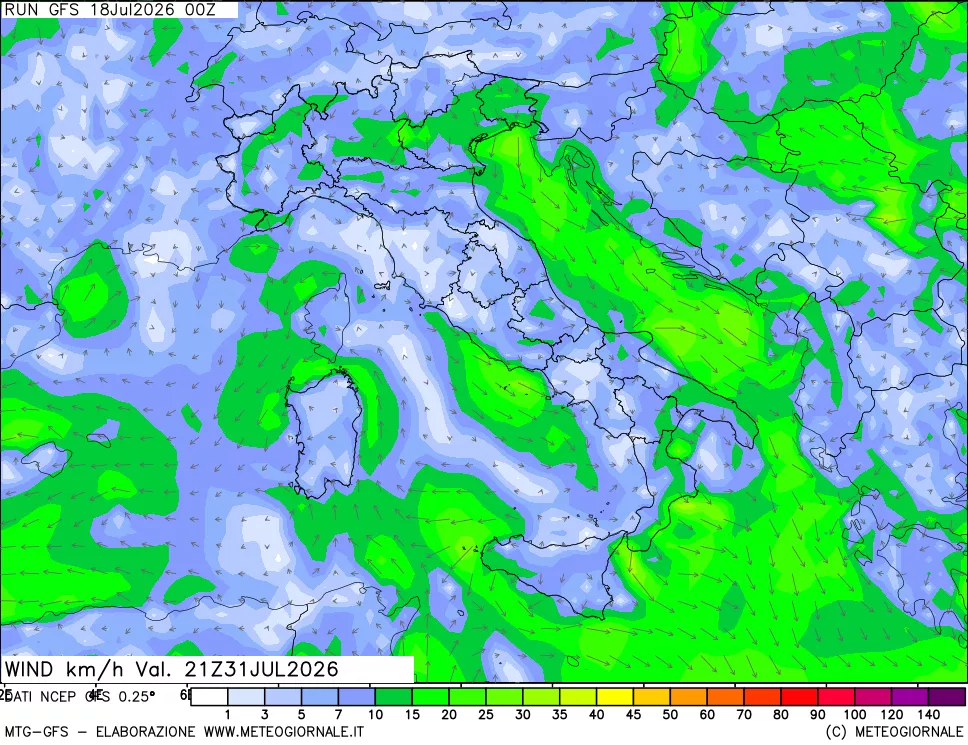 mappa 10 m Vento forza e direzione