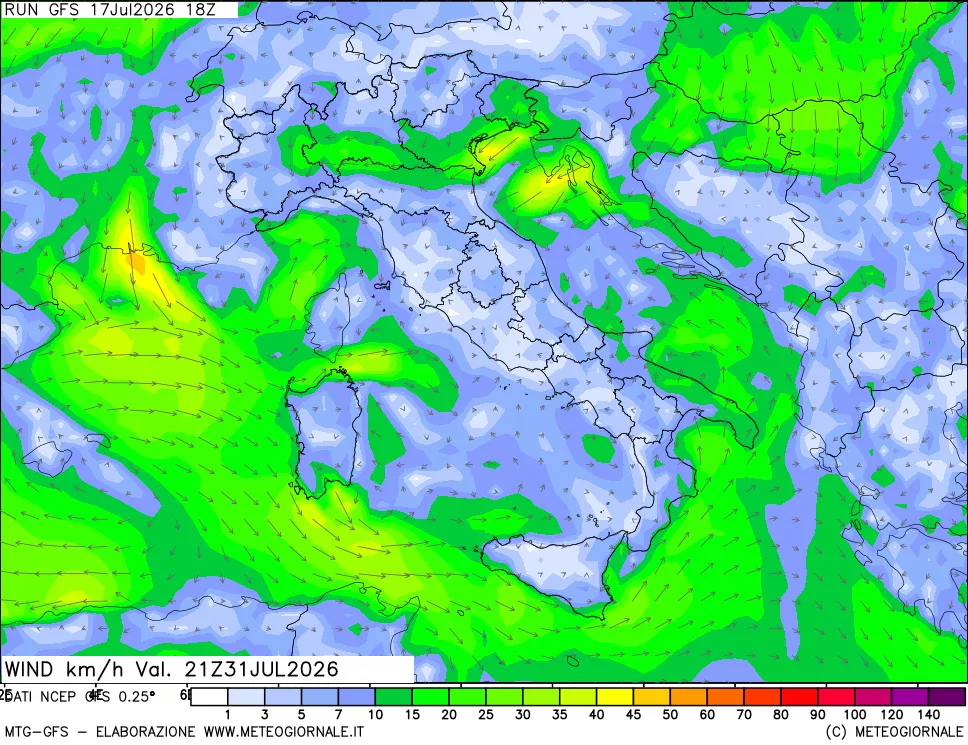mappa 10 m Vento forza e direzione