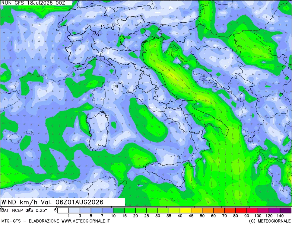 mappa 10 m Vento forza e direzione