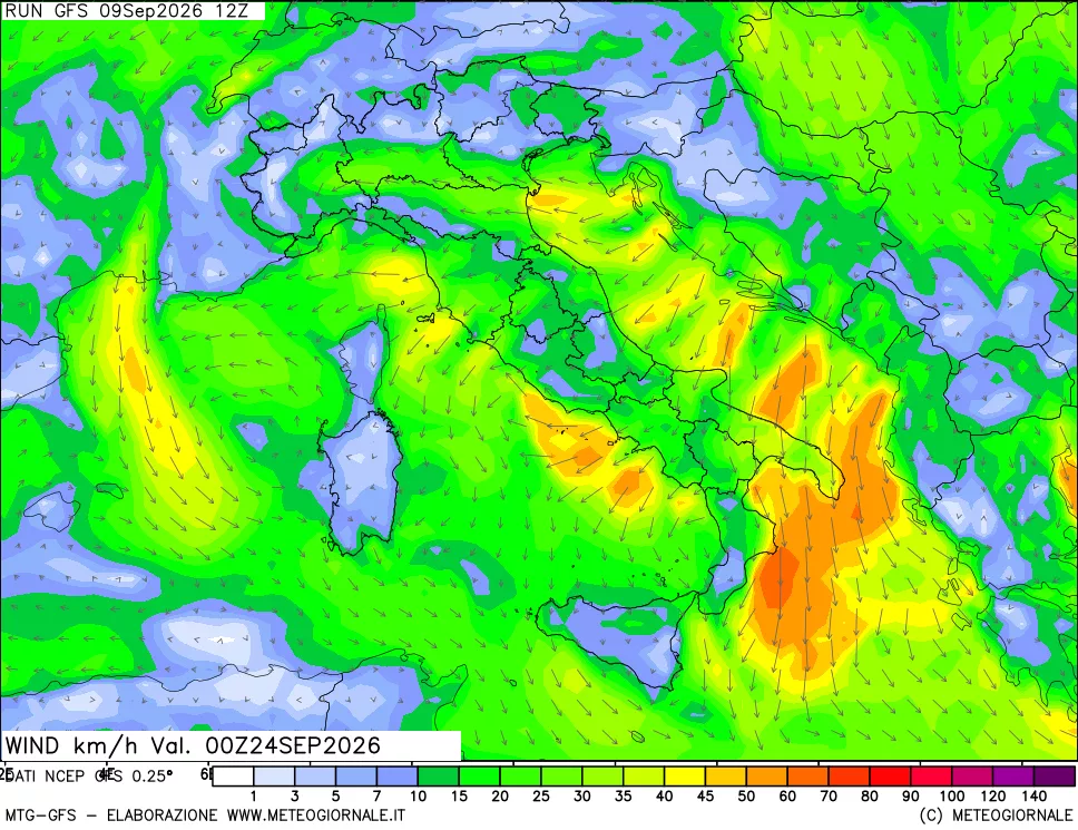 mappa 10 m Vento forza e direzione