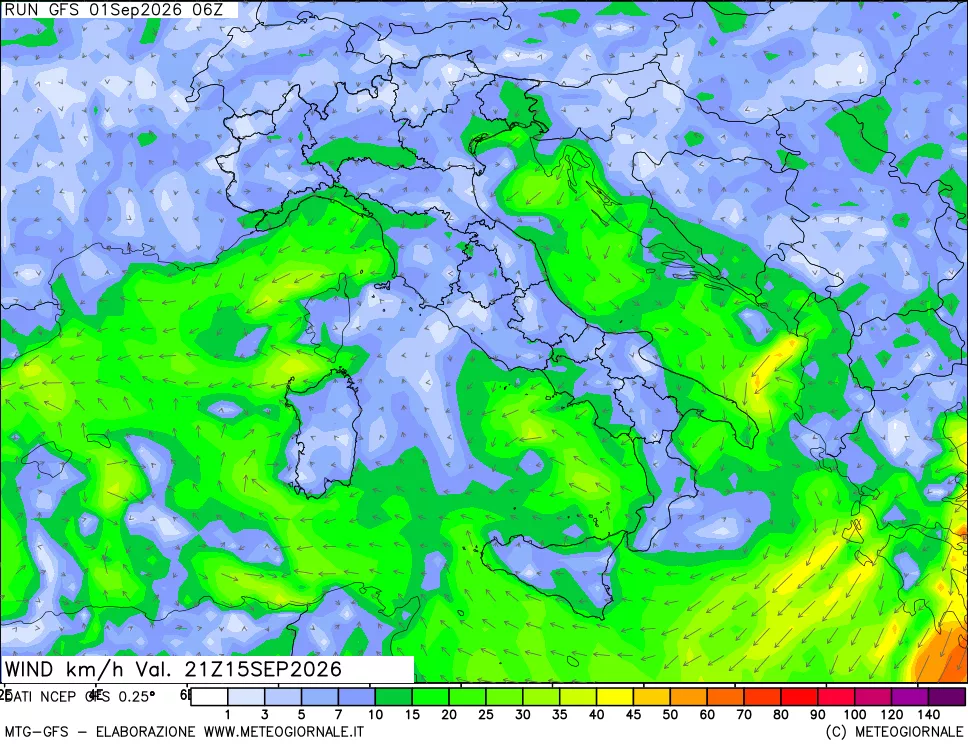 mappa 10 m Vento forza e direzione