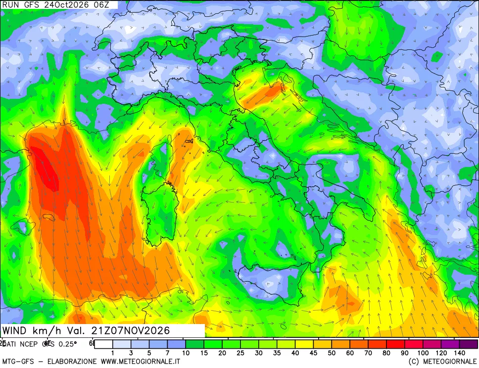 mappa 10 m Vento forza e direzione
