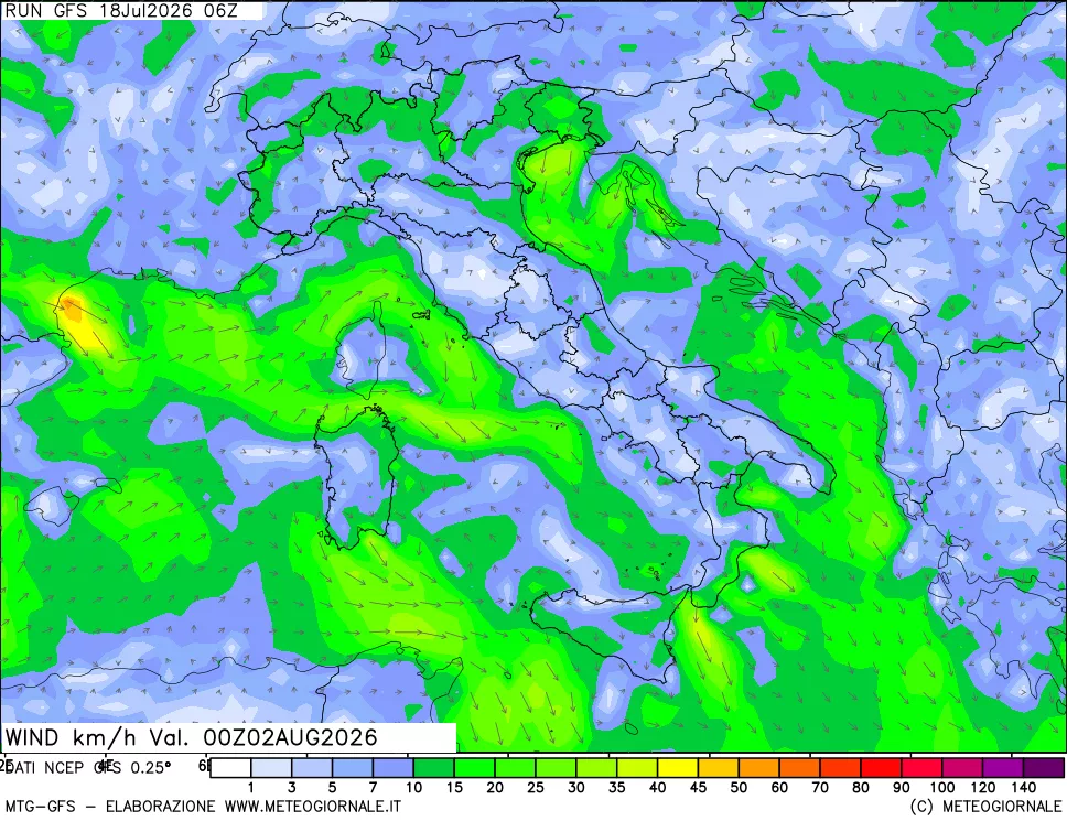mappa 10 m Vento forza e direzione