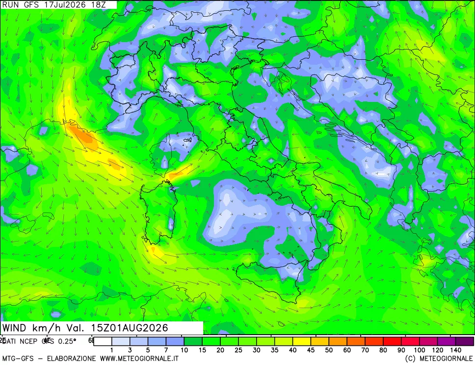 mappa 10 m Vento forza e direzione