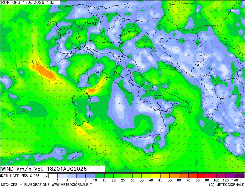 mappa 10 m Vento forza e direzione