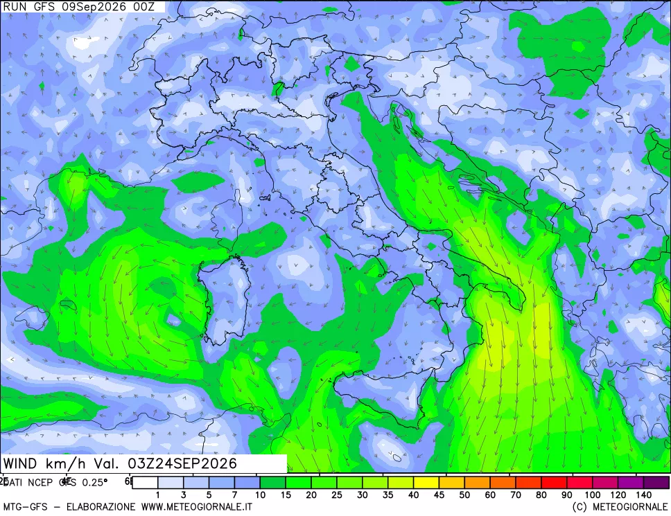mappa 10 m Vento forza e direzione