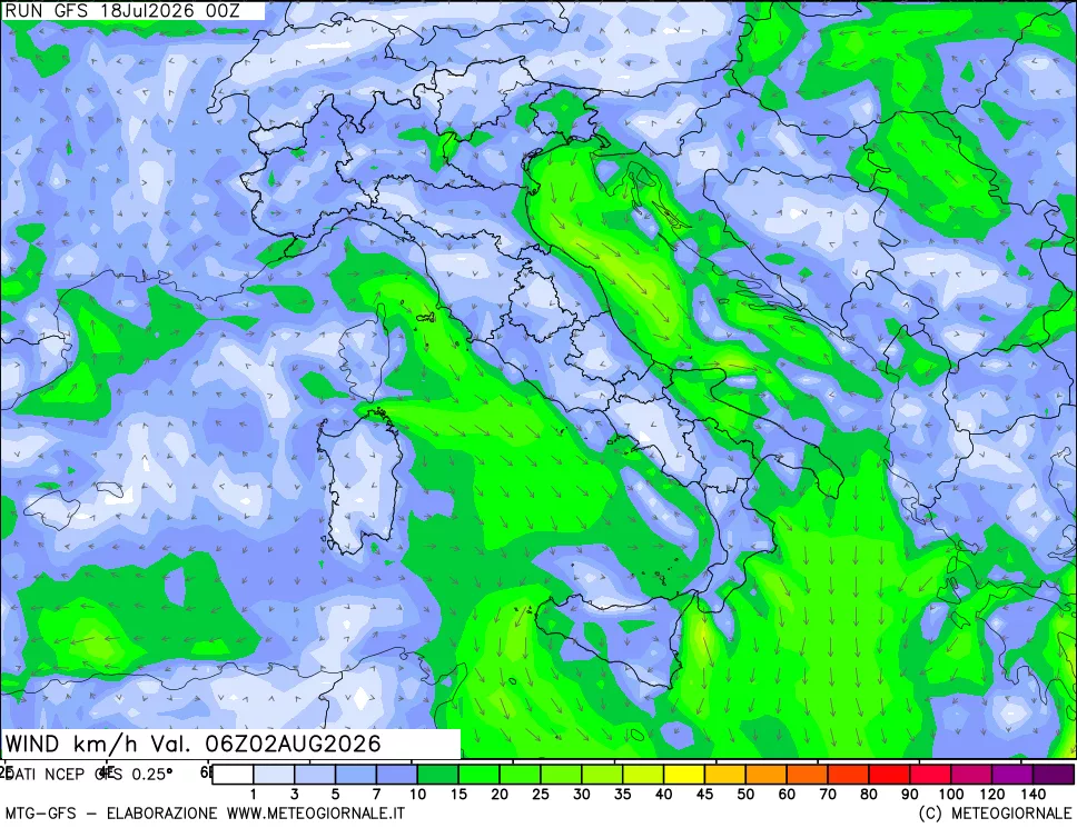 mappa 10 m Vento forza e direzione