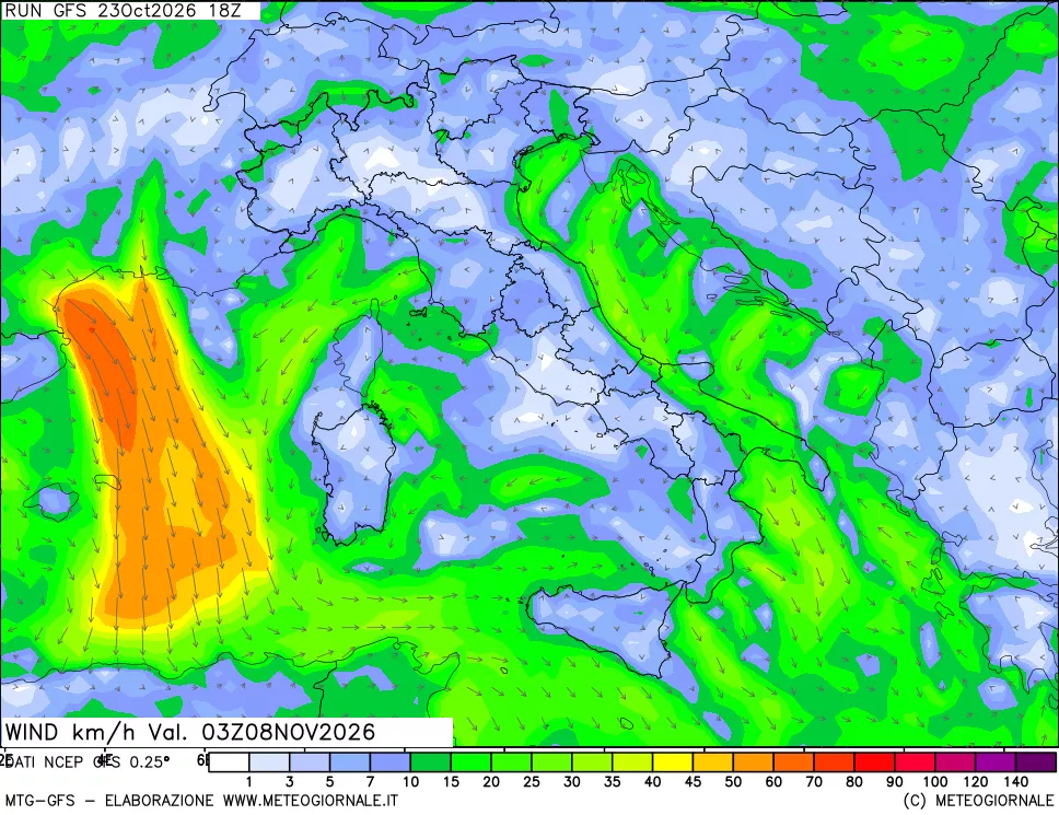 mappa 10 m Vento forza e direzione