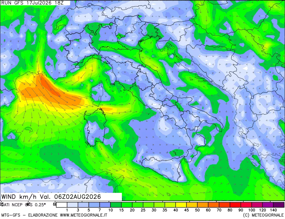 mappa 10 m Vento forza e direzione