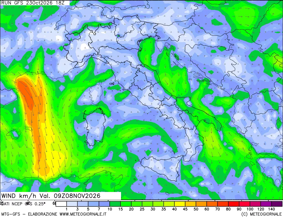 mappa 10 m Vento forza e direzione