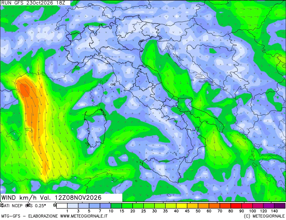 mappa 10 m Vento forza e direzione