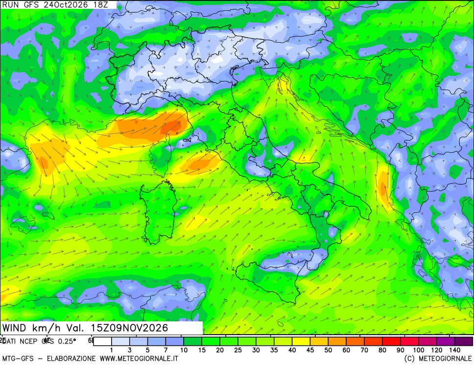 mappa 10 m Vento forza e direzione