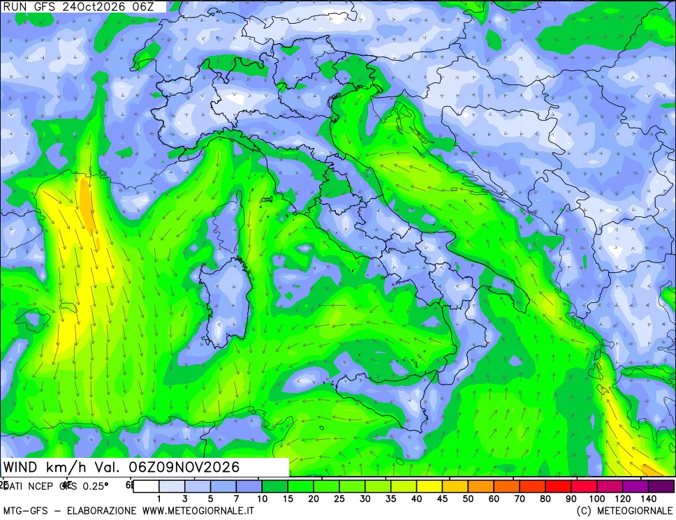 mappa 10 m Vento forza e direzione