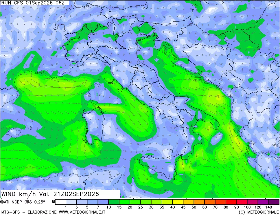 mappa 10 m Vento forza e direzione