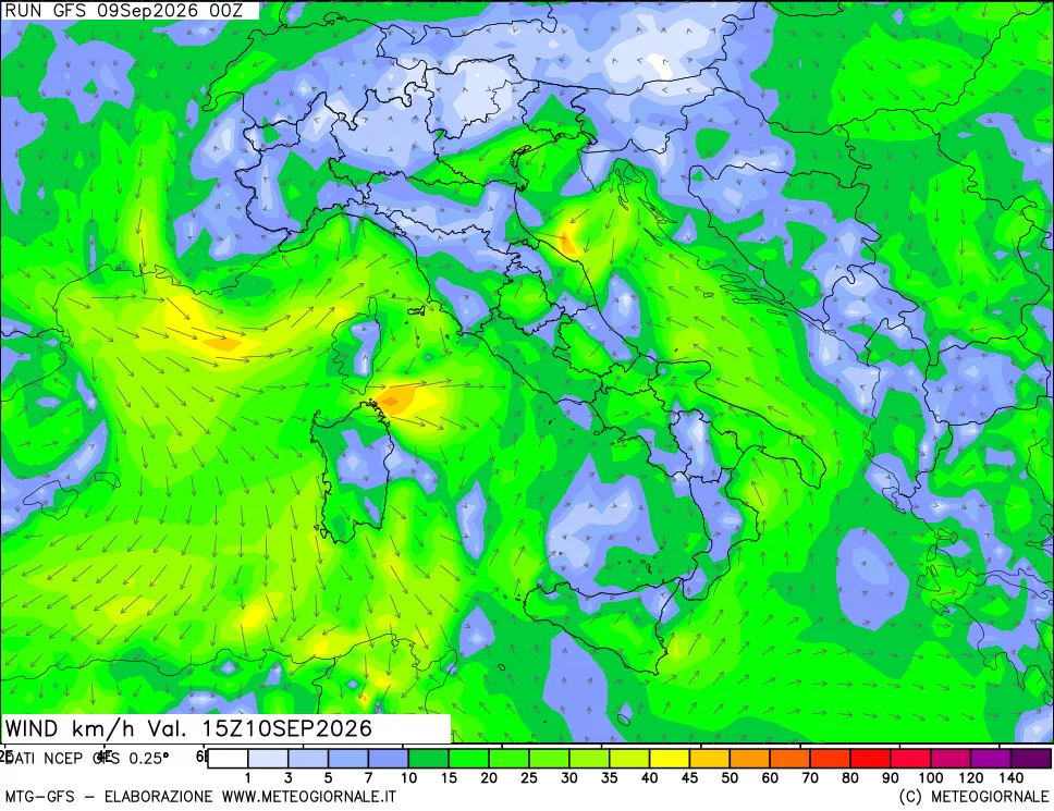 mappa 10 m Vento forza e direzione