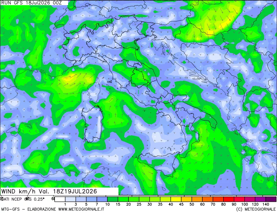 mappa 10 m Vento forza e direzione