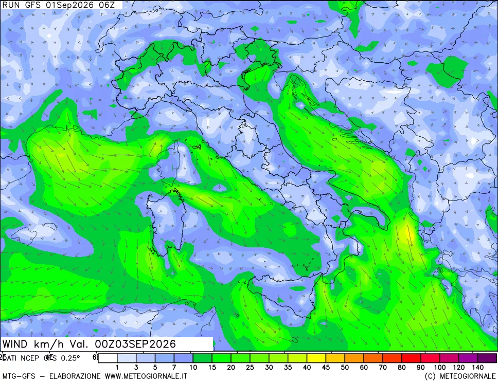 mappa 10 m Vento forza e direzione