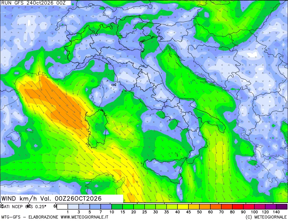 mappa 10 m Vento forza e direzione