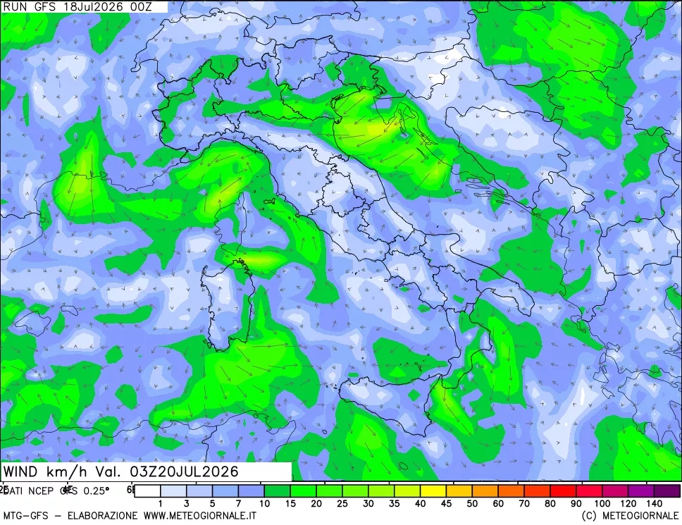 mappa 10 m Vento forza e direzione