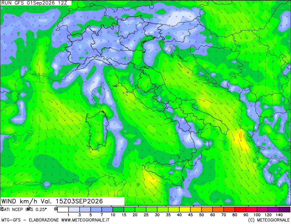 mappa 10 m Vento forza e direzione