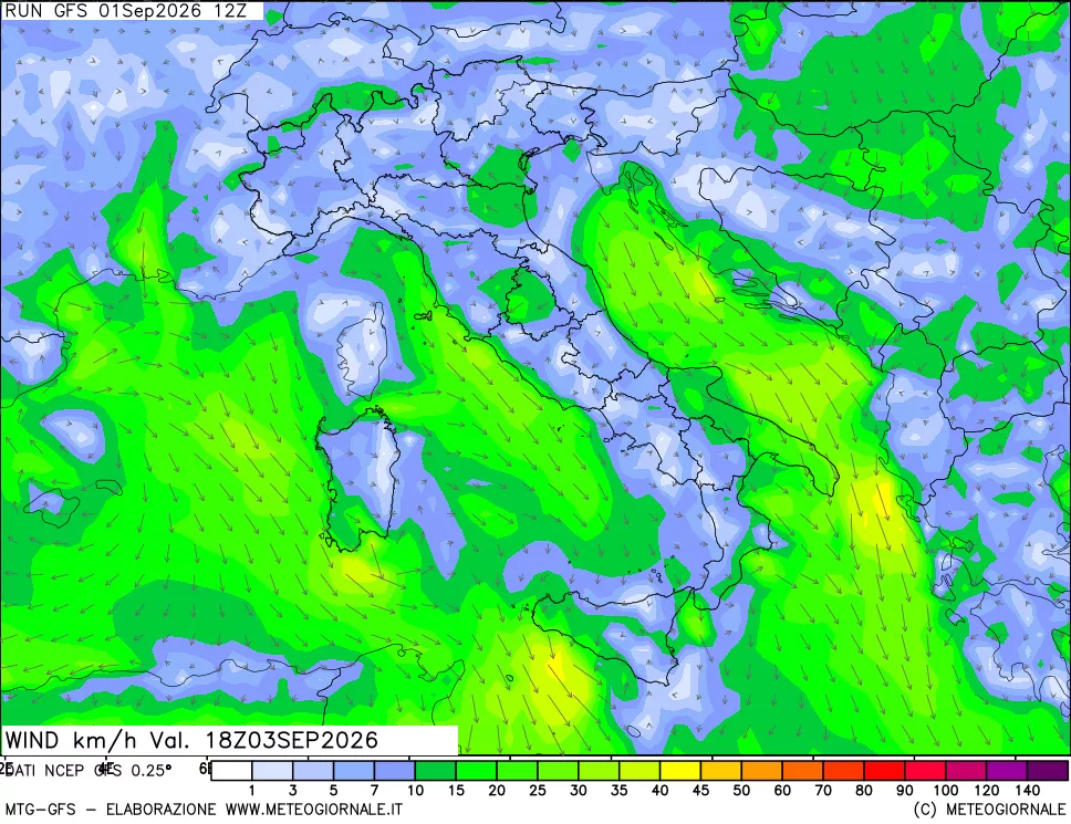 mappa 10 m Vento forza e direzione