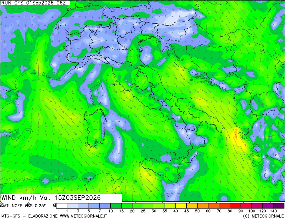 mappa 10 m Vento forza e direzione