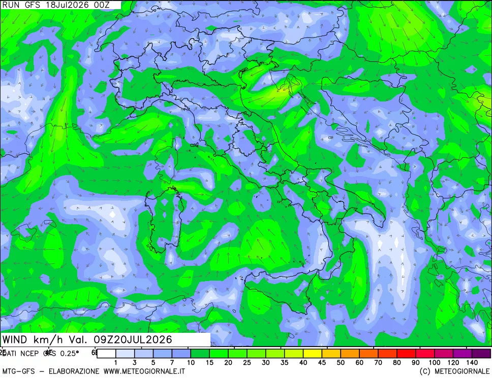 mappa 10 m Vento forza e direzione