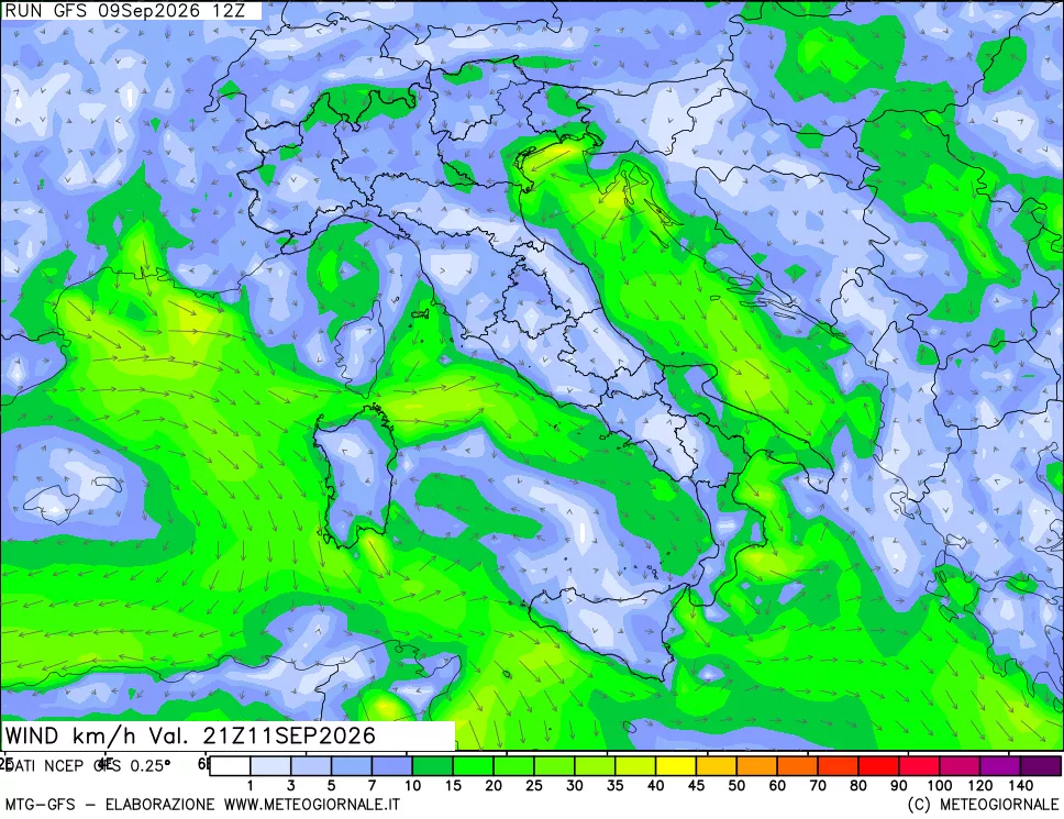 mappa 10 m Vento forza e direzione
