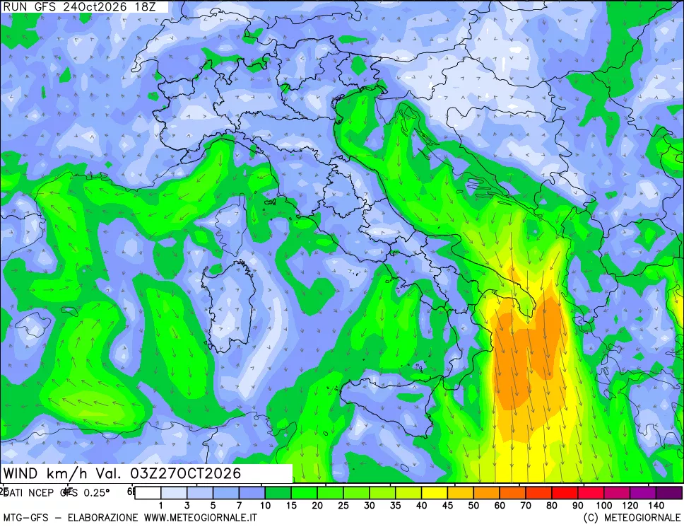 mappa 10 m Vento forza e direzione