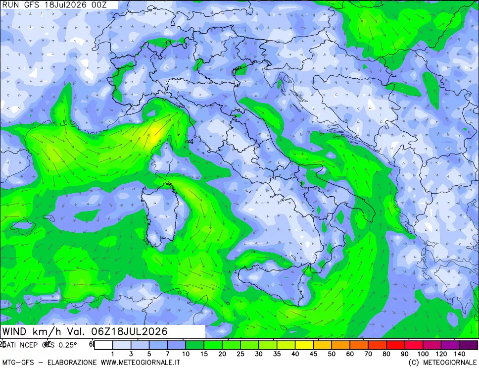 mappa 10 m Vento forza e direzione