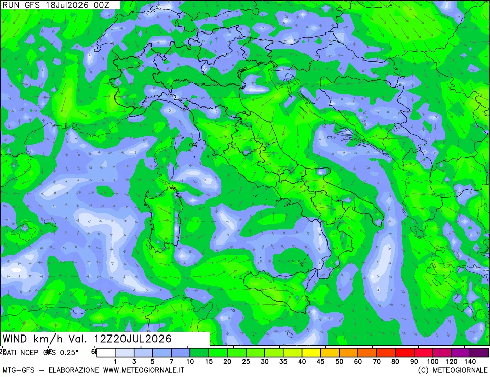 mappa 10 m Vento forza e direzione