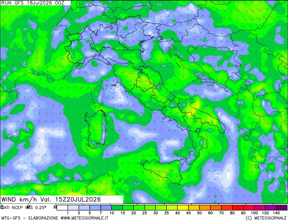 mappa 10 m Vento forza e direzione