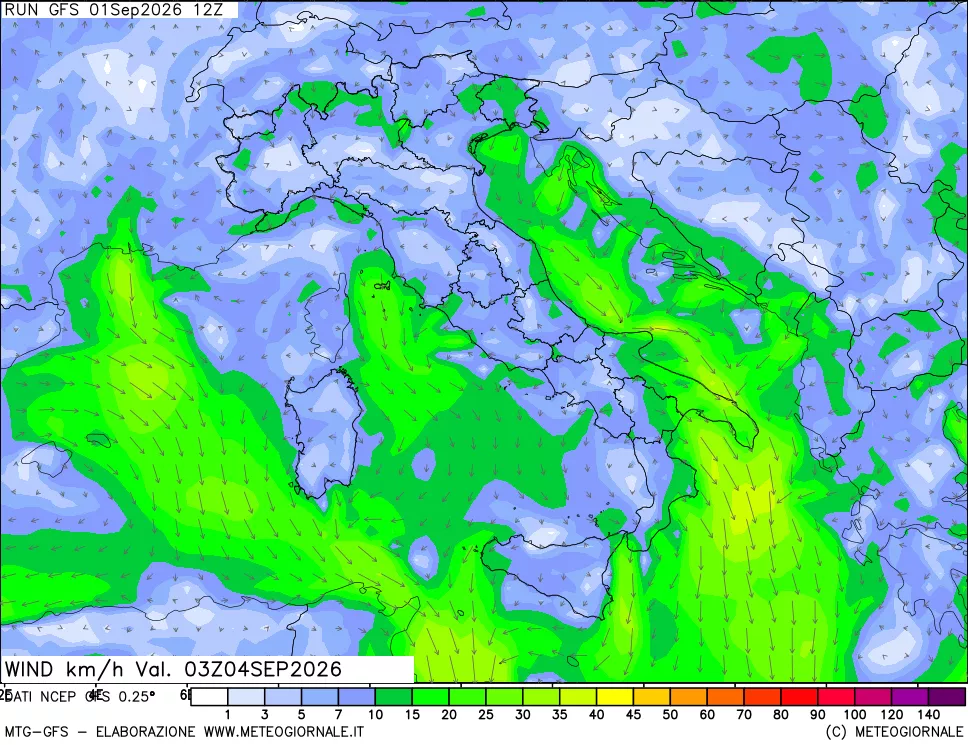 mappa 10 m Vento forza e direzione