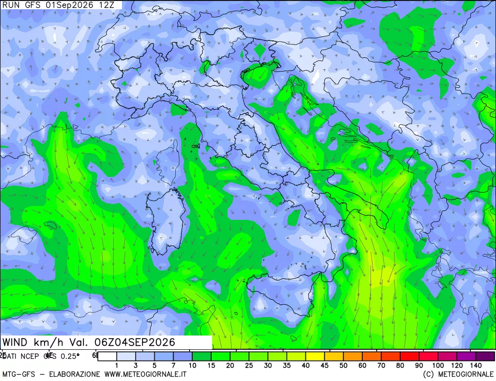 mappa 10 m Vento forza e direzione