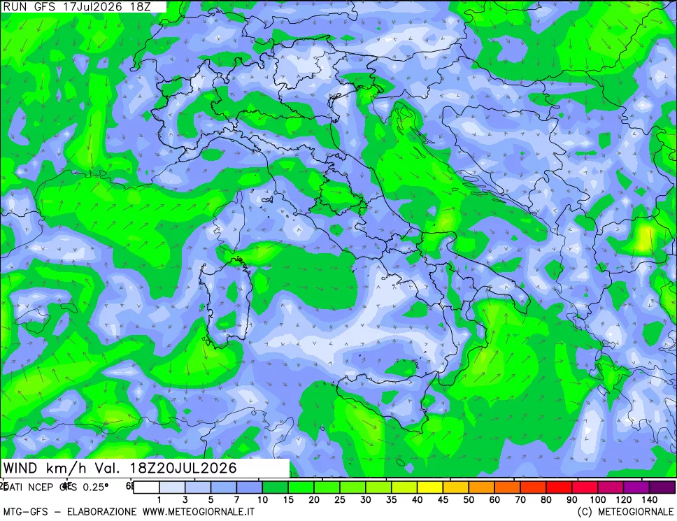 mappa 10 m Vento forza e direzione
