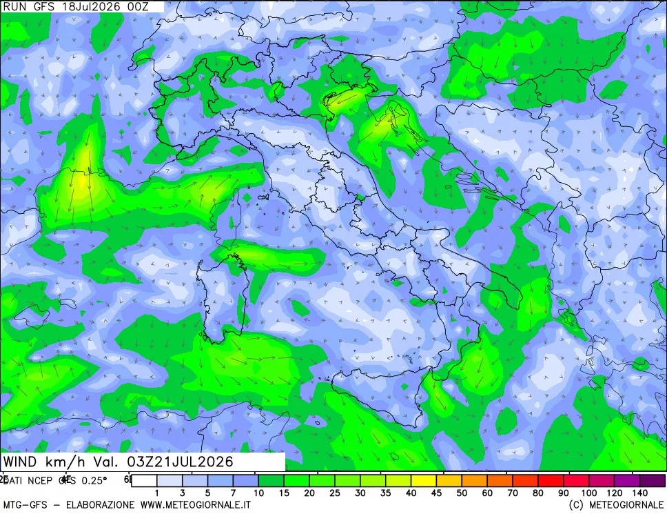 mappa 10 m Vento forza e direzione