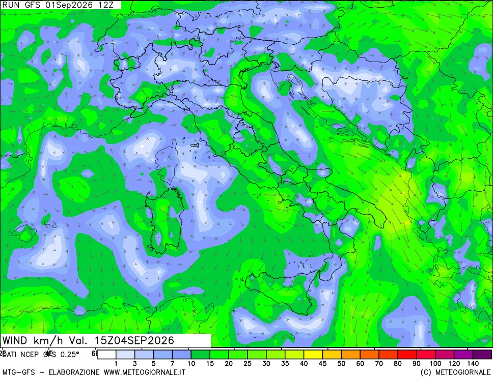 mappa 10 m Vento forza e direzione