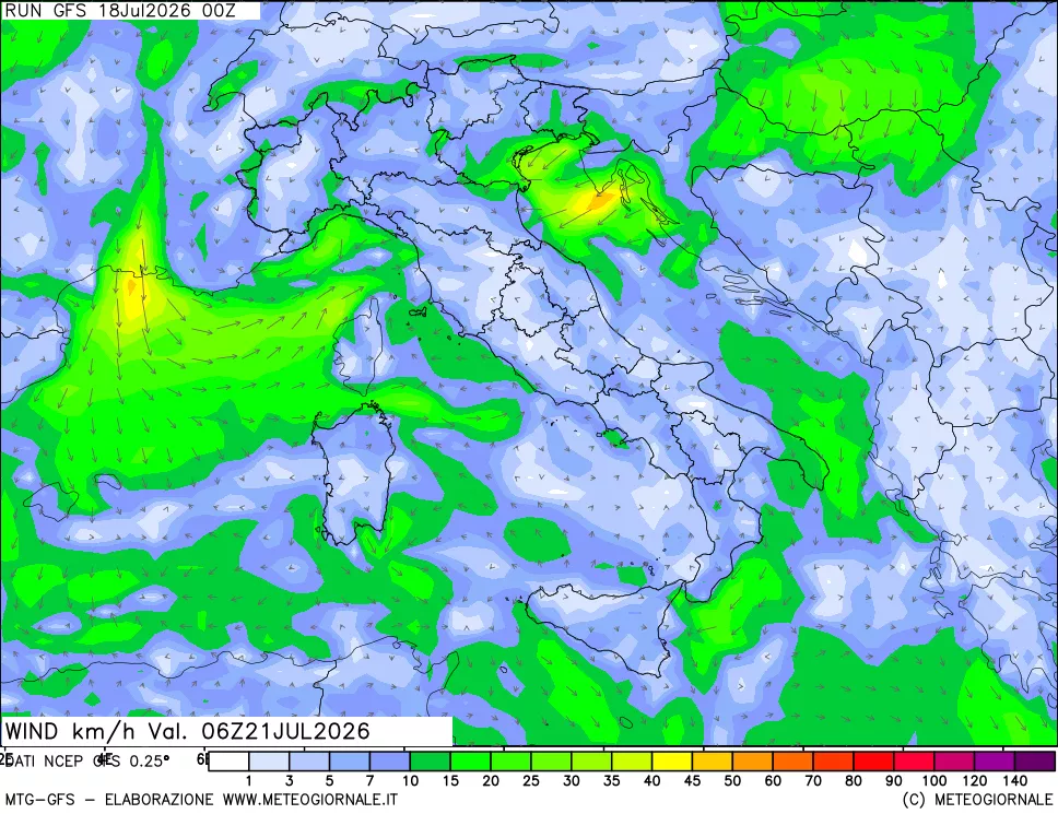 mappa 10 m Vento forza e direzione