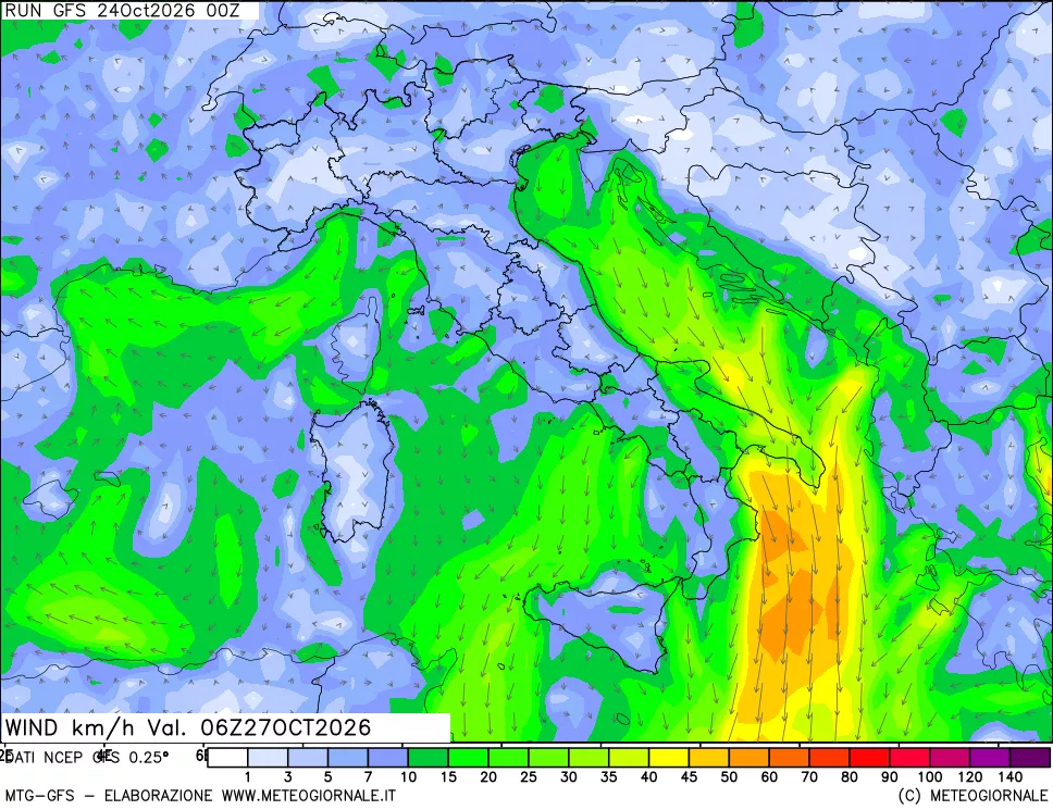 mappa 10 m Vento forza e direzione
