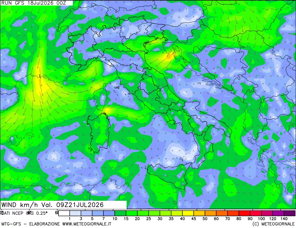 mappa 10 m Vento forza e direzione