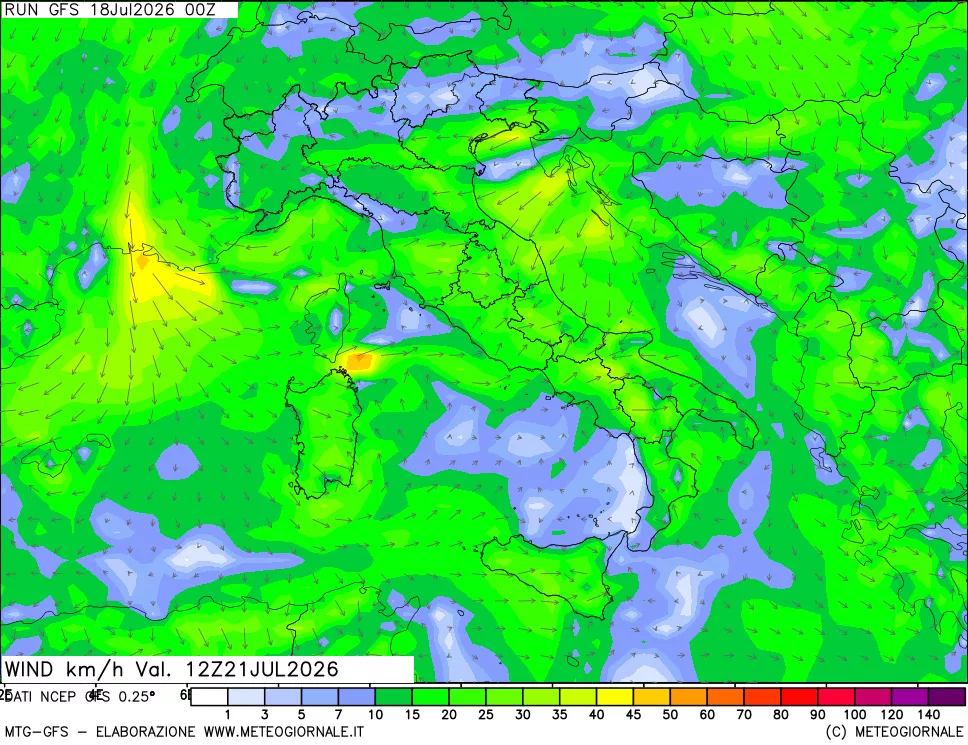 mappa 10 m Vento forza e direzione