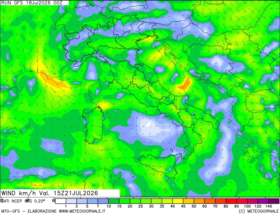 mappa 10 m Vento forza e direzione