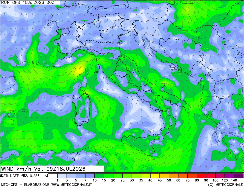 mappa 10 m Vento forza e direzione