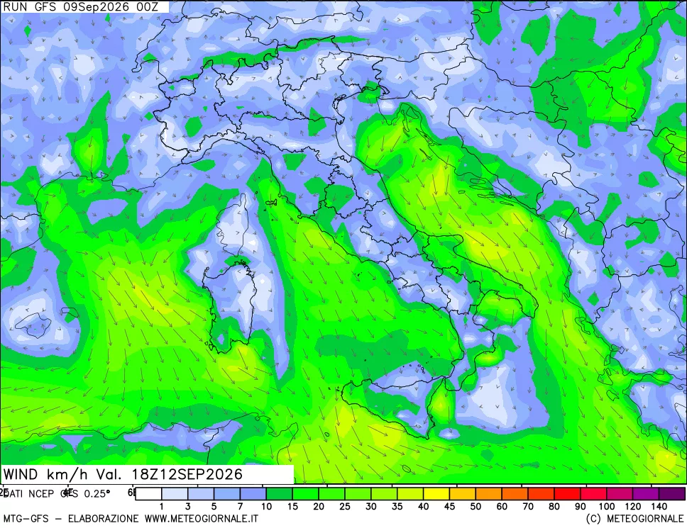 mappa 10 m Vento forza e direzione