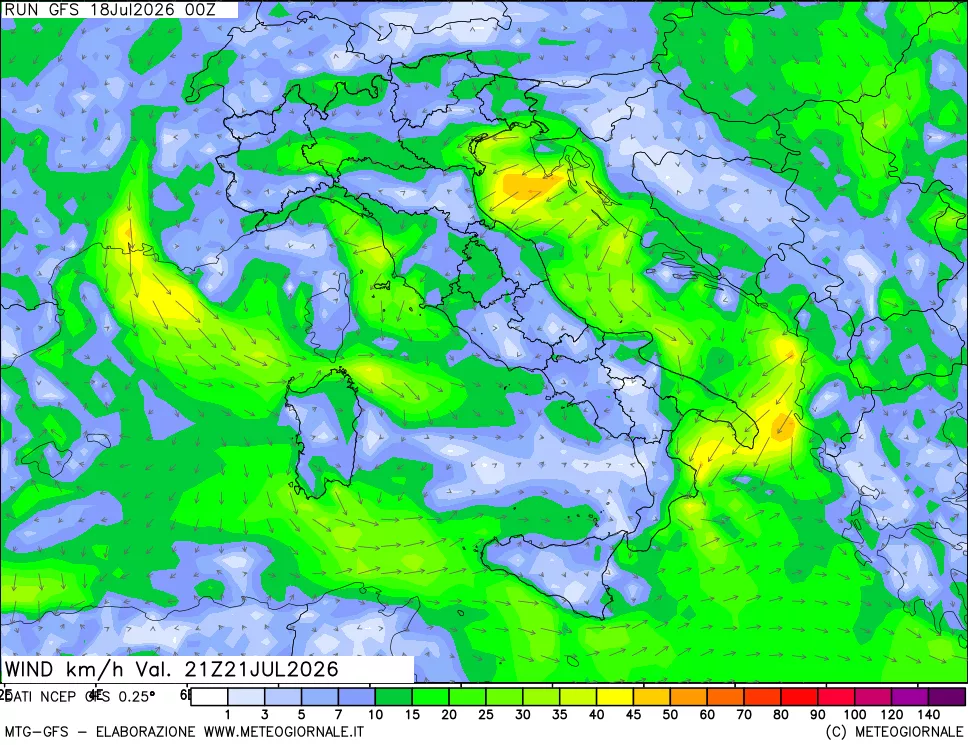 mappa 10 m Vento forza e direzione
