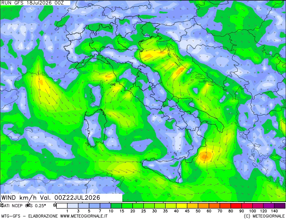 mappa 10 m Vento forza e direzione