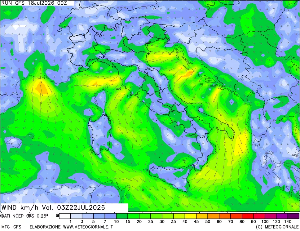 mappa 10 m Vento forza e direzione