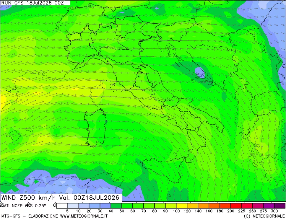 mappa 500 hPa Vento forza e direzione