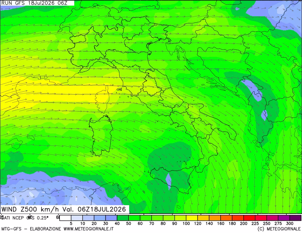 mappa 500 hPa Vento forza e direzione