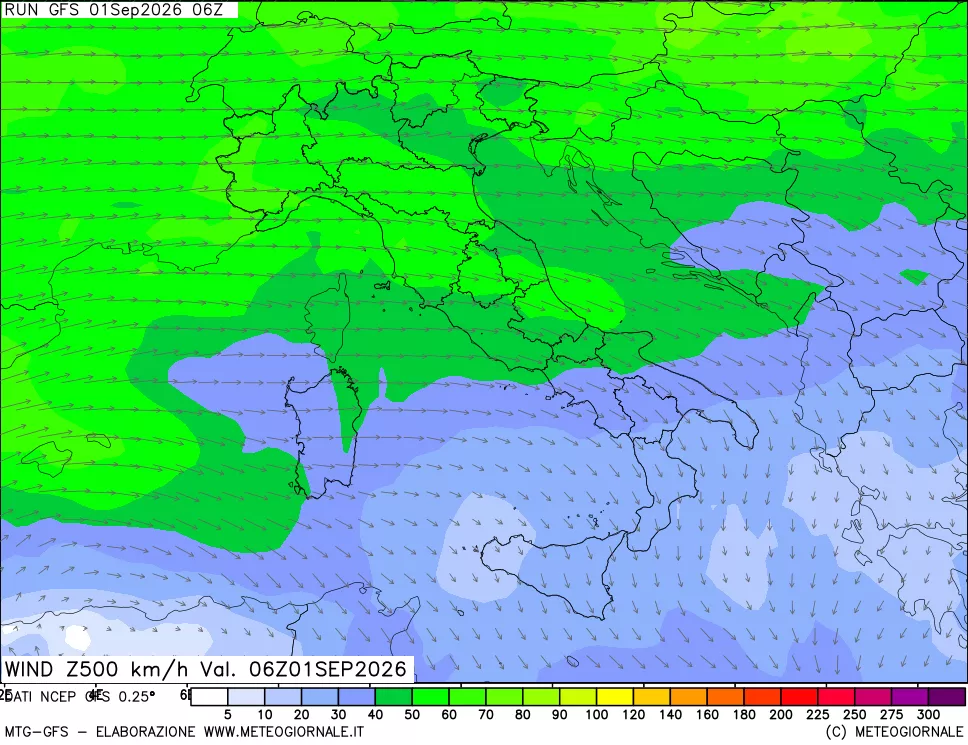 mappa 500 hPa Vento forza e direzione